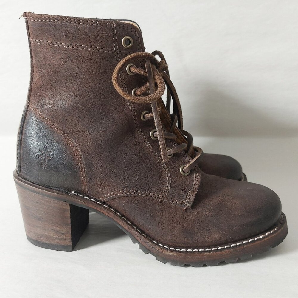 Frye Sabrina 6G Laceup Combat Boots 5.5 M Dark Brown Rugged Chunky Block Heels - Picture 2 of 13
